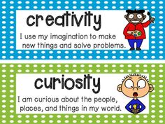 two posters with words that say creativity and curiosity