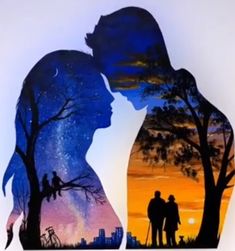 the silhouettes of two people standing next to each other in front of an orange and blue sky