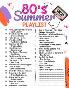 the 80s's summer playlist is shown in pink and purple with an orange boombox