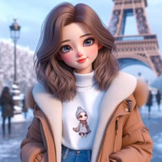 a girl standing in front of the eiffel tower wearing a sweater and jeans