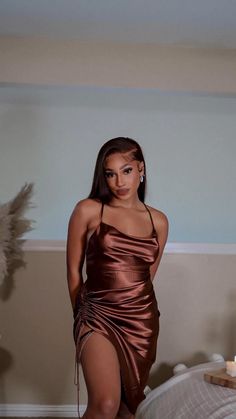 Black Women In Silk Dress, Silk Brown Dress Outfit, 18th Birthday Fits Aesthetic, Dresses To Wear To A Wedding Black Women, Birthday Style Outfits Baddie, Silk Dress Poses, Elegant Black Hairstyles Classy, Satin Dress Birthday Outfit, Silk Dress Photoshoot Ideas