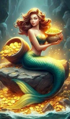 a mermaid sitting on top of a rock holding a pot and gold coins in her hands