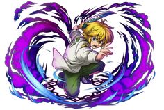 an anime character is flying through the air with purple and blue swirls around him