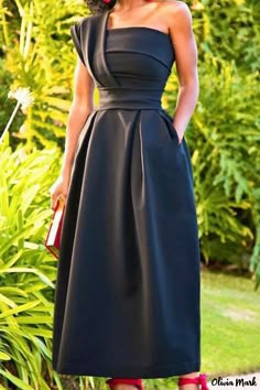 Olivia Mark - Elegant Black Patchwork Asymmetrical Collar A-Line Dress with Solid Color Design Semi Formal Dresses Long, Asymmetrical Collar, Straight Clothes, Semi Formal Dress, Semi Formal Dresses, Sophisticated Dress, Plus Size Maxi, Vestidos Vintage, Womens Vintage Dresses