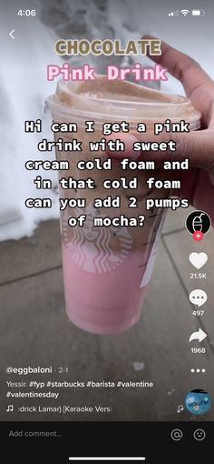 someone is holding up a pink drink with the caption'i can't get a pink drink with sweet cream cold from and in that cold foam and you add 2