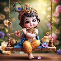 a little lord sitting on a swing playing the flute