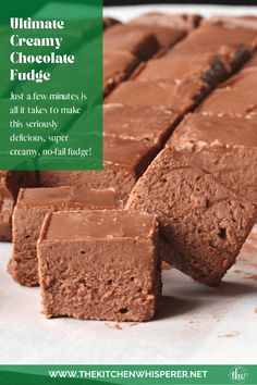 chocolate fudge is cut into squares and placed on top of each other with the words, ultimate fudge