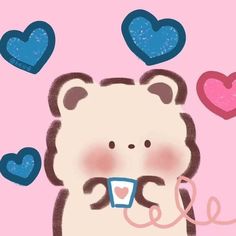 a drawing of a bear holding a cup with hearts around it on a pink background