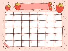 a calendar with strawberries on it and a pink ribbon hanging from the top,