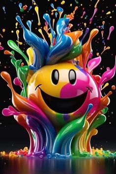 a smiley face with colorful paint splashing all over it