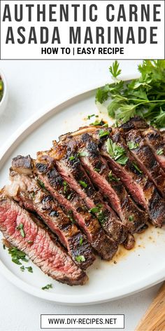 steak on a plate with parsley garnish and the title, authentic carne asada marinade how to easy recipe