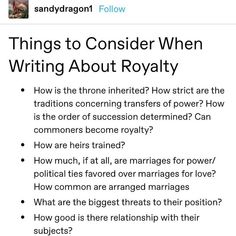 an image of the text that says things to consider when writing about royalty