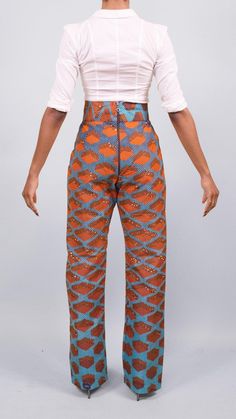 Multicolor Printed Straight Leg Pants, Blue Printed Wide Leg Bottoms, Fitted Multicolor Bottoms For Workwear, Bold Blue Bottoms For Summer, Bold Blue Summer Bottoms, Blue High-waist Printed Bottoms, Blue High Waist Printed Bottoms, Stretch Cotton Printed Pants, Orange Printed Wide Leg Bottoms