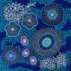 an abstract painting with blue circles and flowers in the center, on a dark background