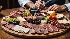 a platter of meats, cheeses and fruit