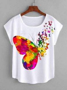 Fabric Paint Shirt, Tshirt Painting, Fabric Painting On Clothes, Paint Shirts, T Shirt Painting, Painted Clothes, Fabric Paint, Shein Tops, Batwing Sleeve