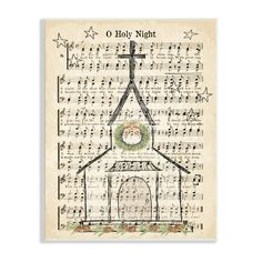 an old church with sheet music and christmas wreath