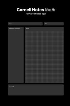 a black screen with the text cornell notes dark for goodness app on it