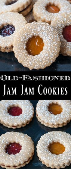 jam cookies with jelly in the middle are on a baking sheet and there is an advertisement for old - fashioned jam cookies