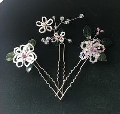 "Set of 3 Beaded and swarovski crystal hair pins. Approximately 5\" long from top of decoration to bottom of pin.   Pin itself measures 3\".   Beads and leaf beads are on twisted wire which makes them pliable and adjustable to you hairstyle. Questions Always Welcome." Decorative Hair Pins, Bridal Hair Combs, Hair Pins Bridal, Bridal Party Hair, Leaf Beads, Party Hair Accessories, Crystal Hair Pins, Party Hair, Pin Pin