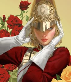 a woman in a red dress with a gold hat on her head and roses behind her