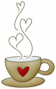 a coffee cup with hearts floating out of it's top and saucer on the side