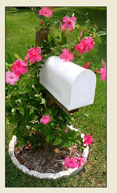 a mailbox with pink flowers growing out of it