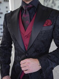 Very excited about this look 🤩 Here's our latest Black Vittoriana look with a pop of burgundy! 🖤 ♥️ We all know how popular a Black & Burgundy look is 🙌 #sebastiancruzcouture #mensclothing #mensfashion #menswear #menstyle #bespoke #suits #suitstyle #fashion #fashionblogger #roaring20s Black Single Breasted Outerwear For Wedding, Black Single-breasted Outerwear For Wedding, Black Tuxedo Style Outerwear With Shawl Collar, Black Long Sleeve Tuxedo With Button Closure, Winter Formal Tuxedo With Buttons, Black Single Breasted Blazer With Shawl Collar, Black Single-breasted Blazer With Shawl Collar, Formal Black Outerwear With Shawl Collar, Black Semi-formal Blazer With Shawl Collar