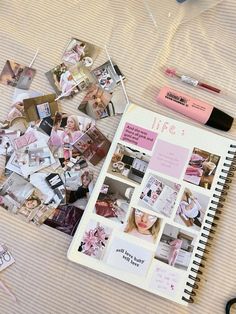 an open notebook with photos and pens on it next to scissors, eyeliners, and other items