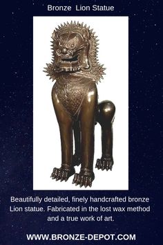 bronze lion statue sitting in front of a white background with the caption below it