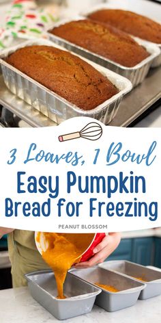 3 loaves, 1 bowl easy pumpkin bread for freezing and baking with text overlay