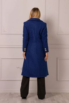 Textured Long Boucle Wool Coat Navy Blue Princess Coat - Etsy Blue Lapel Collar Pea Coat For Fall, Blue Double Button Peacoat For Office, Blue Pea Coat With Lapel Collar For Fall, Blue Peacoat With Double Button Closure For Office, Blue Winter Outerwear With Hidden Button Closure, Blue Outerwear With Hidden Button Closure For Winter, Blue Office Peacoat With Double Button Closure, Office Blue Peacoat With Double Button Closure, Single Breasted Long Sleeve Peacoat For Office