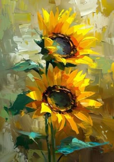 two yellow sunflowers are shown in this painting