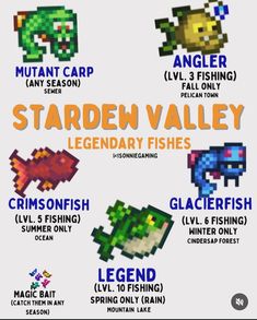 the poster for stardew valley is shown with different types of fish in it