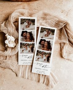 two wedding photos are laying next to each other