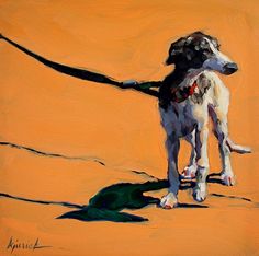 a painting of a dog on an orange background