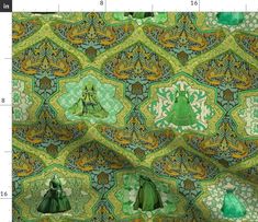 a green and yellow wallpaper with many different designs