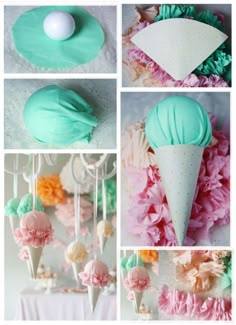 there are many pictures of different things in the photo collage, including ice cream cones and paper flowers