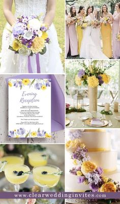 a collage of photos with yellow and purple flowers on them, including an elegant wedding cake