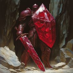 A towering armored figure stands imposingly in a rocky, desolate landscape, fully encased in heavy dark red armor with intricate detailing. The deep crimson hue and full helmet conceal its identity, enhancing its menacing presence. It wields a massive sword and shield made entirely of crystalline red stone; the sword is jagged with sharp edges, and the shield has a faceted, gemstone-like surface. With a powerful stance, feet firmly planted, the knight appears ready for battle. Jagged cliffs frame the barren scene, adding to the atmosphere of foreboding and strength. An unstoppable force, a guardian from a dark mystical realm. Red Knight Art, Red Knight Fantasy Art, Stone Knight, The Red Knight, Crimson Knight, Barbarian Armor, Red Armor, Desolate Landscape, Red Guardian