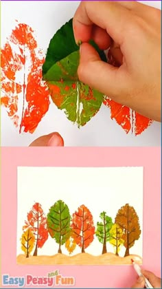 someone is painting leaves on the paper and it looks like they are going to fall