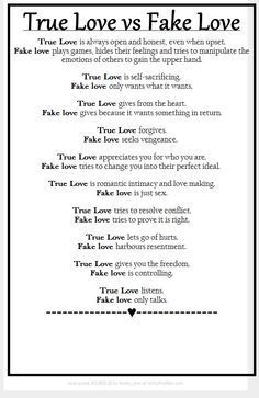 true love vs fake love poem in black and white with the words true love versus fake love