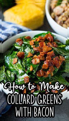 a white bowl filled with collard greens and bacon