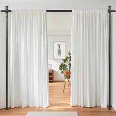 an open door with white curtains and a plant in the corner next to it on top of a hard wood floor