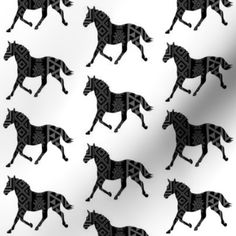 several black horses are depicted on a white background, and there is no image to describe