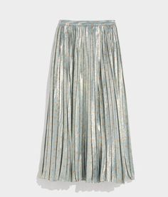 Shimmery metallic fabric adds a touch of shine (and a whole lot of style) to this season's must-have pleated midi skirt. Metallic Maxi Skirt, Chic Metallic Flowy Skirt, Chic Flowy Metallic Skirt, Glamorous Metallic Skirt For Spring, Spring Metallic Flared Skirt, Metallic Flared Skirt For Spring, Elegant Metallic Midi Skirt, Metallic Lined Flared Skirt, Metallic Flowy Skirt For Spring