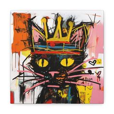 an abstract painting of a black cat with yellow eyes and a crown on it's head