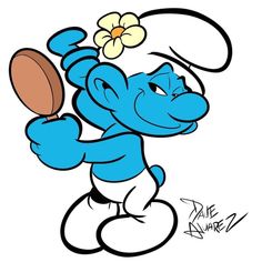 the smurfs cartoon character with a flower in his hair and holding a spoon