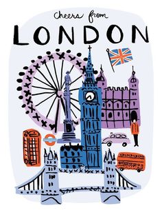 the london skyline is depicted in this colorful illustration, which features big ben and other famous buildings