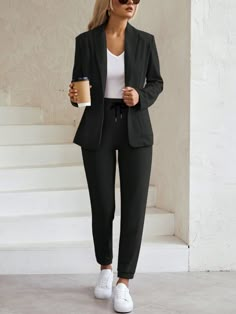 Black Casual Collar   Plain  Embellished Medium Stretch  Women Clothing Women’s Work Clothing, Pharma Sales Rep Outfit, Management Outfits For Women, Hotel Manager Outfit Women, Hr Outfits Women, Athletic Business Casual Women, Sporty Business Casual Women, Professional Women Outfits, Car Sales Woman Attire